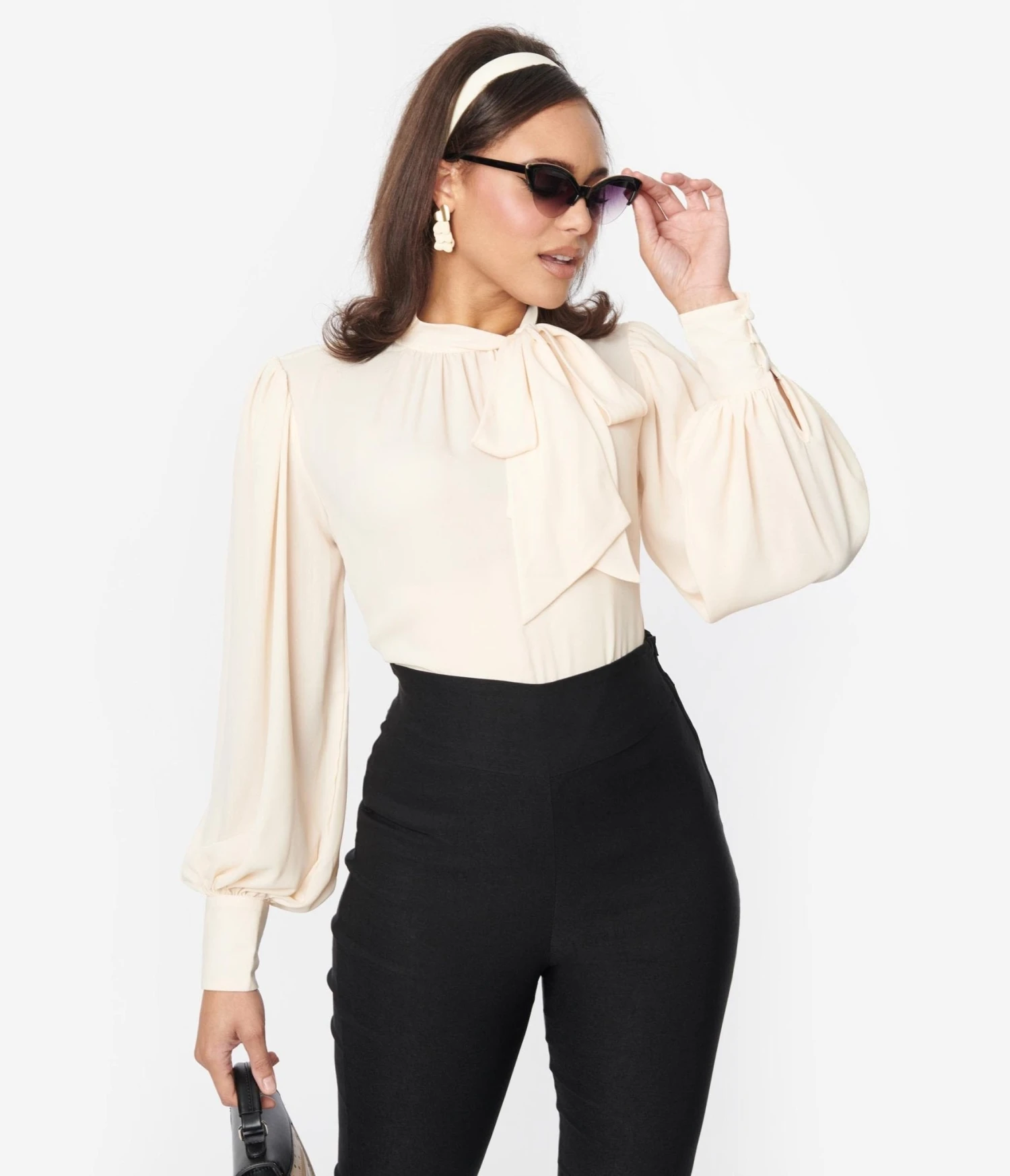 Unique Vintage Ivory Blouson Sleeve Bow Neck Top - Image 4