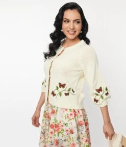 Unique Vintage Ivory Blouson Sleeve Cardigan