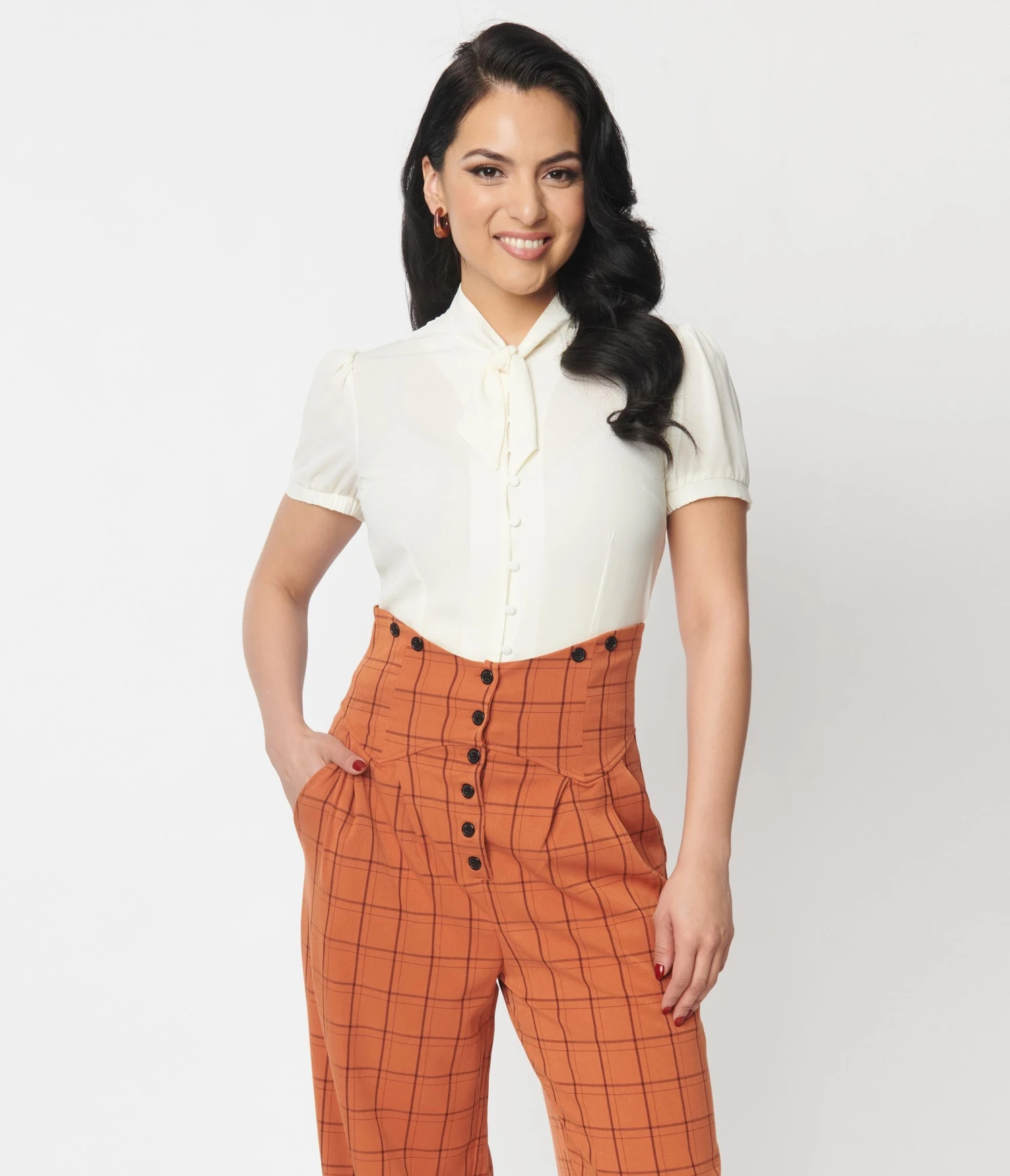 Unique Vintage Ivory Tie Neck Button Blouse - Image 3