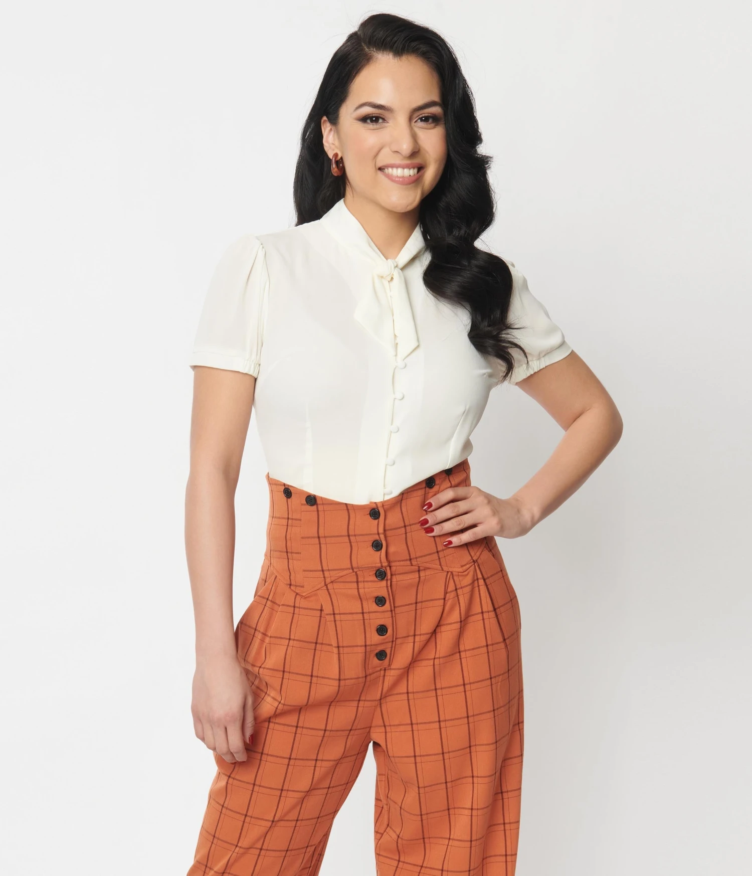 Unique Vintage Ivory Tie Neck Button Blouse