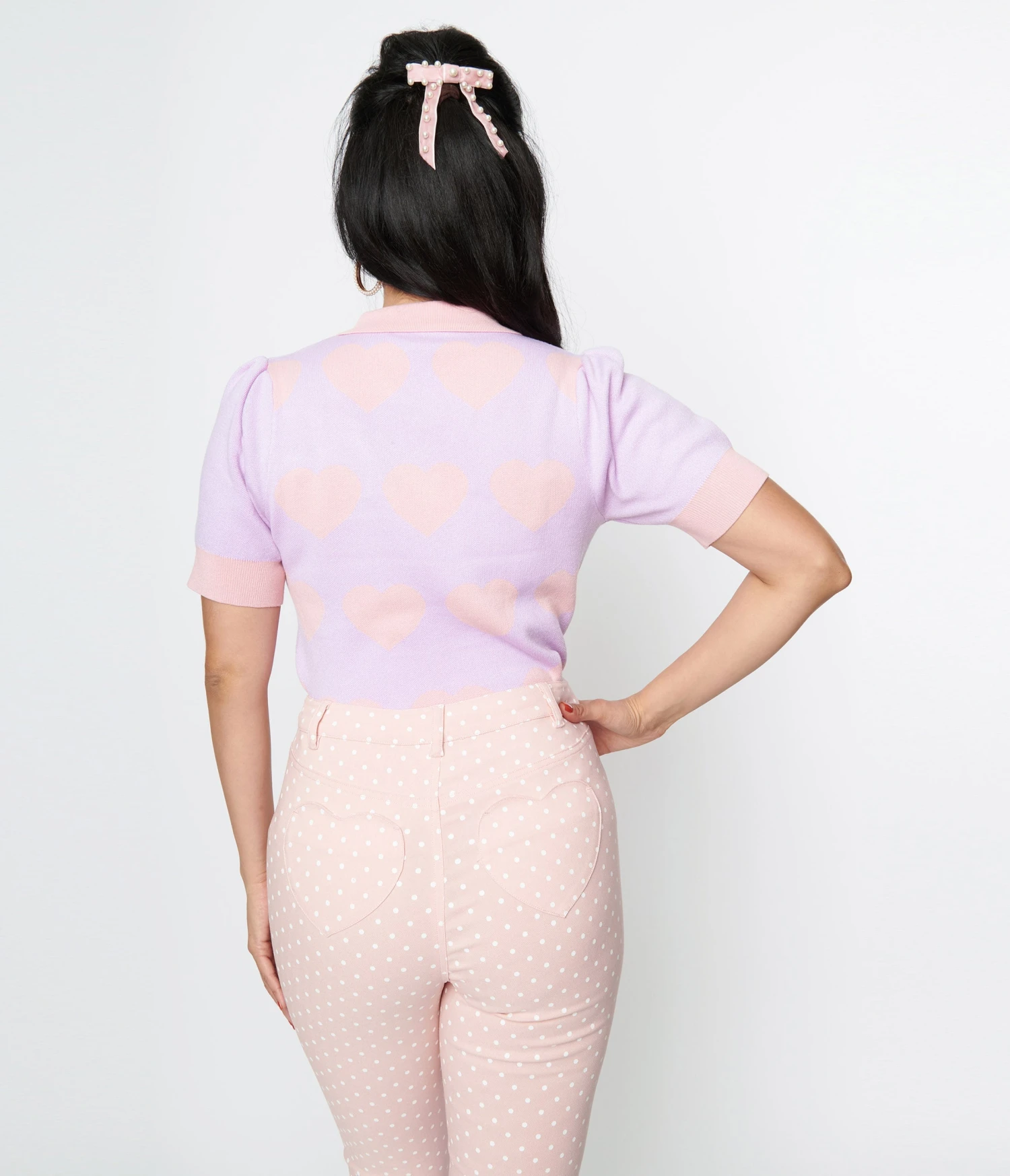Unique Vintage Lavender & Pink Hearts Short Sleeve Sweater - Image 2