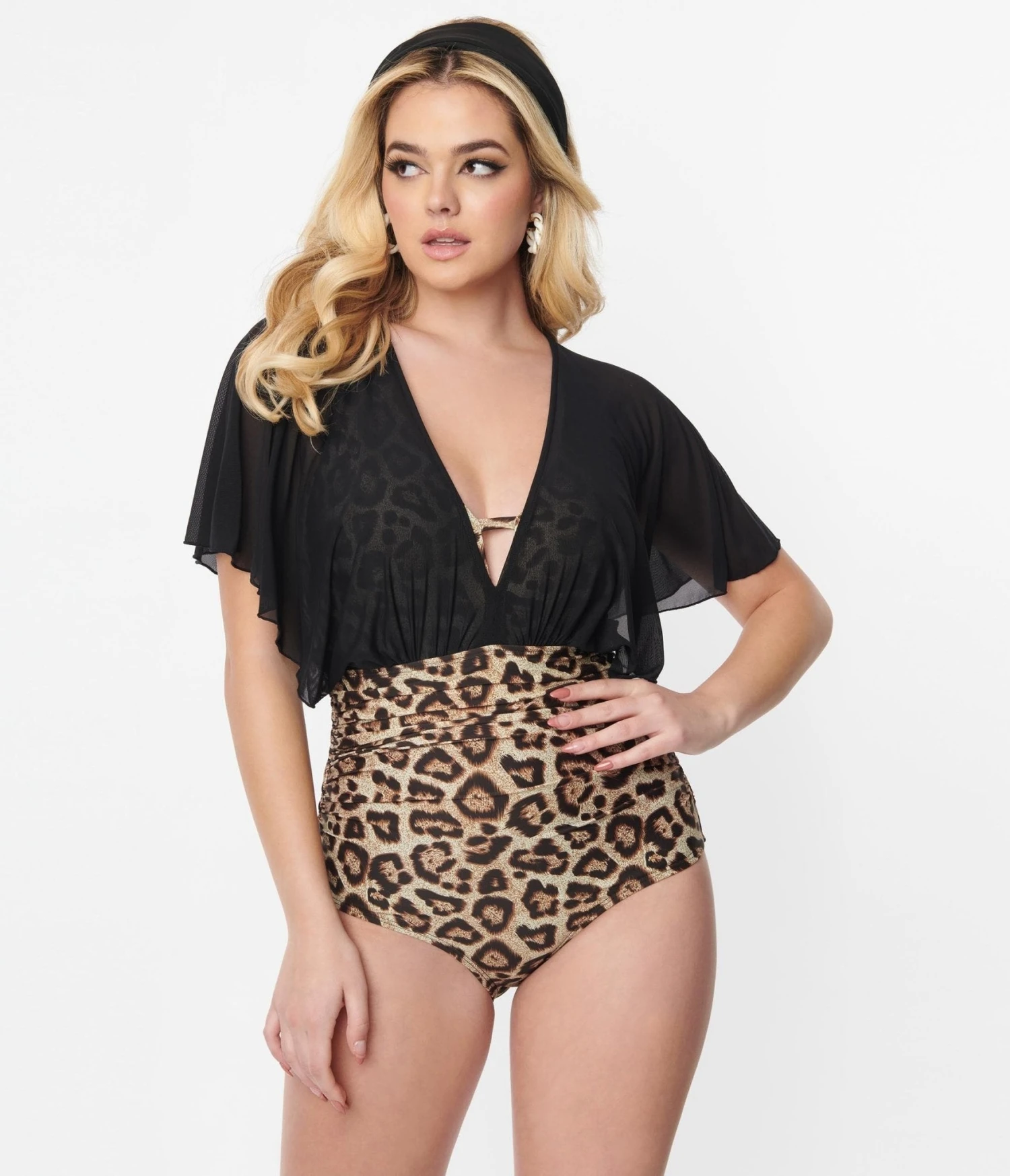 Unique Vintage Leopard & Black Mesh Sleeved Torrey Swimsuit - Image 4
