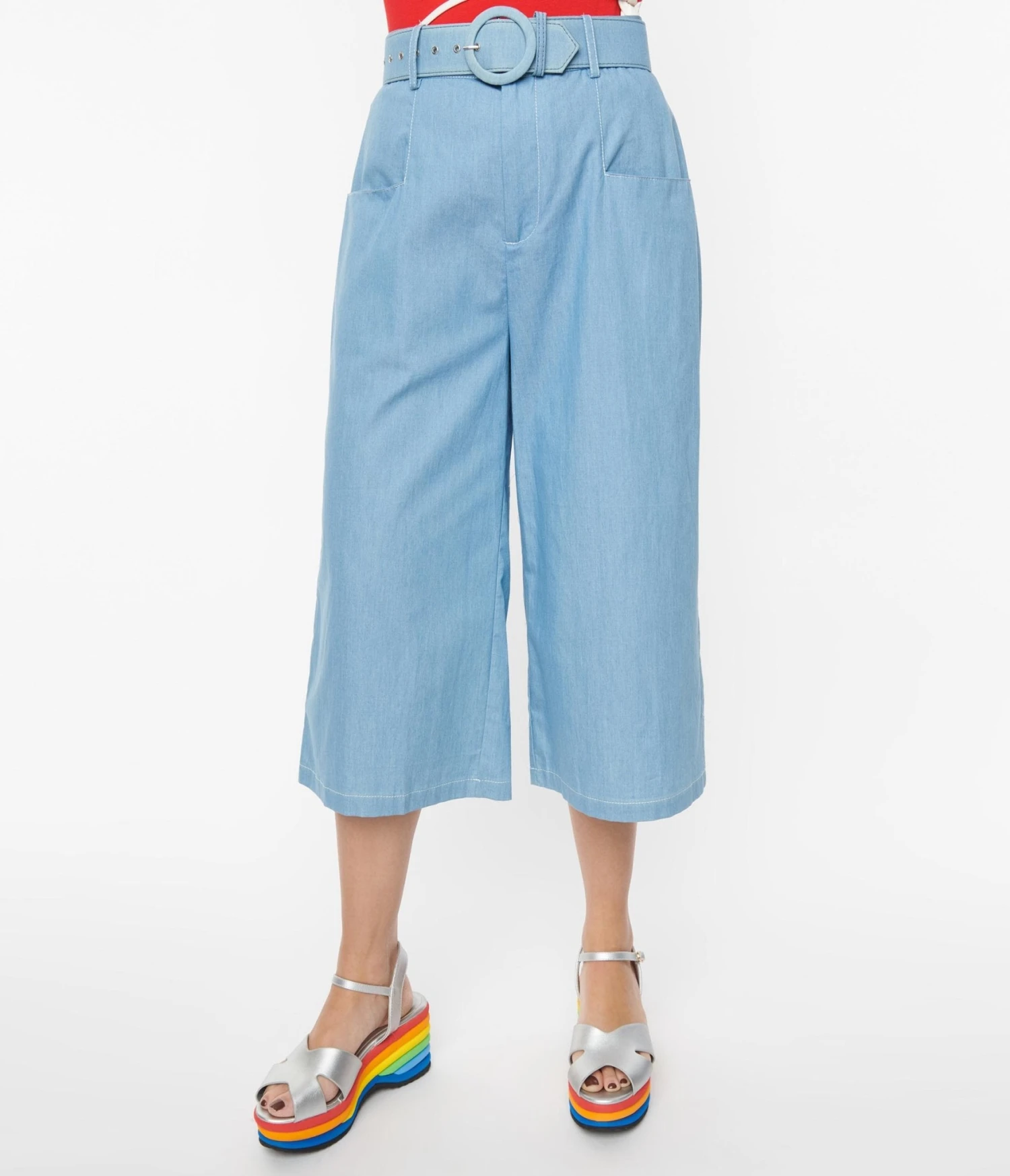 Unique Vintage Light Blue Denim Ginger Capri Pants - Image 2