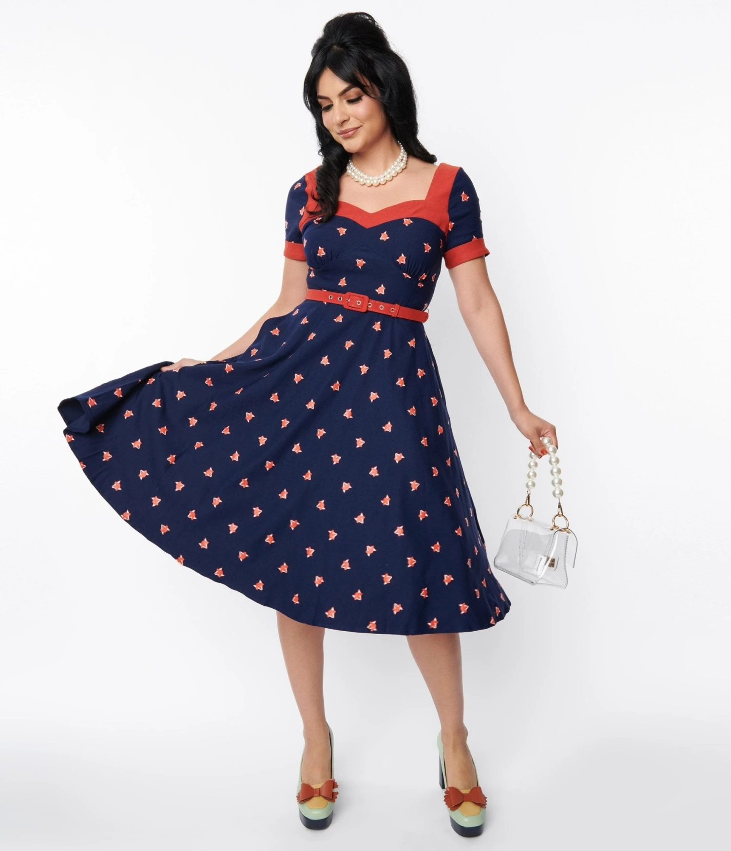 Unique Vintage Navy Fox Stamp Swing Dress
