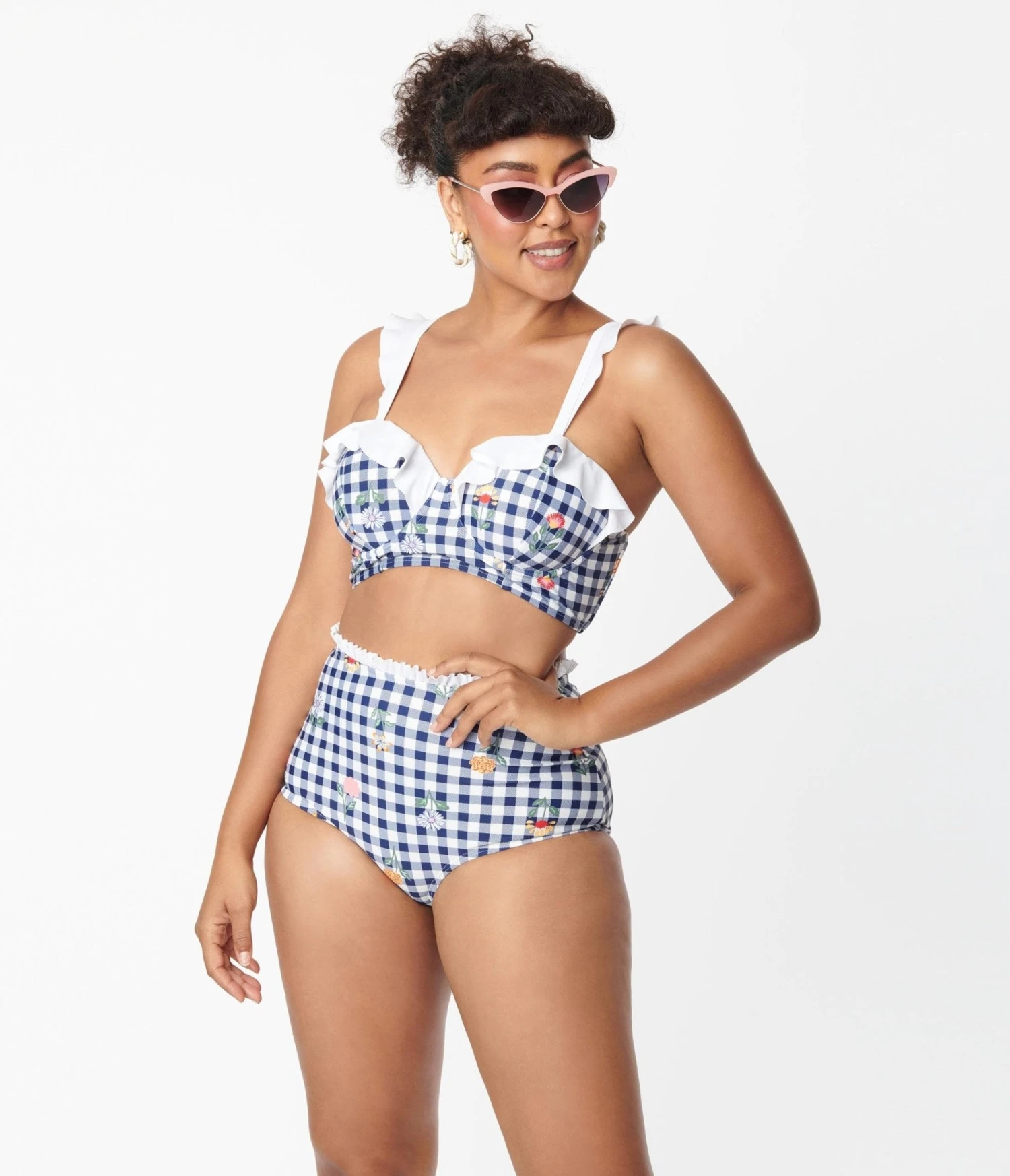 Unique Vintage Navy Gingham & Floral Cape May Swim Bottoms - Image 5