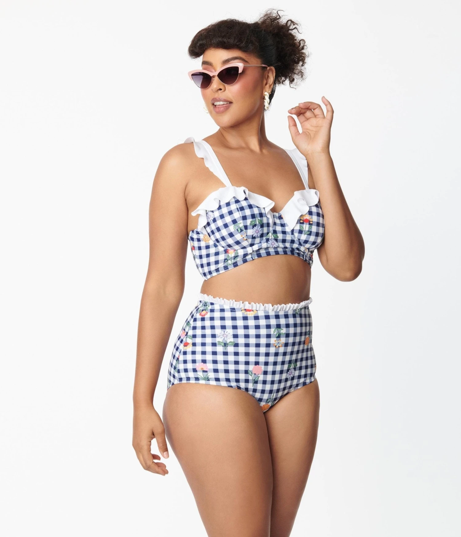 Unique Vintage Navy Gingham & Floral Cape May Swim Bottoms - Image 4