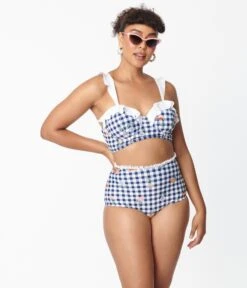 Unique Vintage Navy Gingham & Floral Cape May Swim Bottoms
