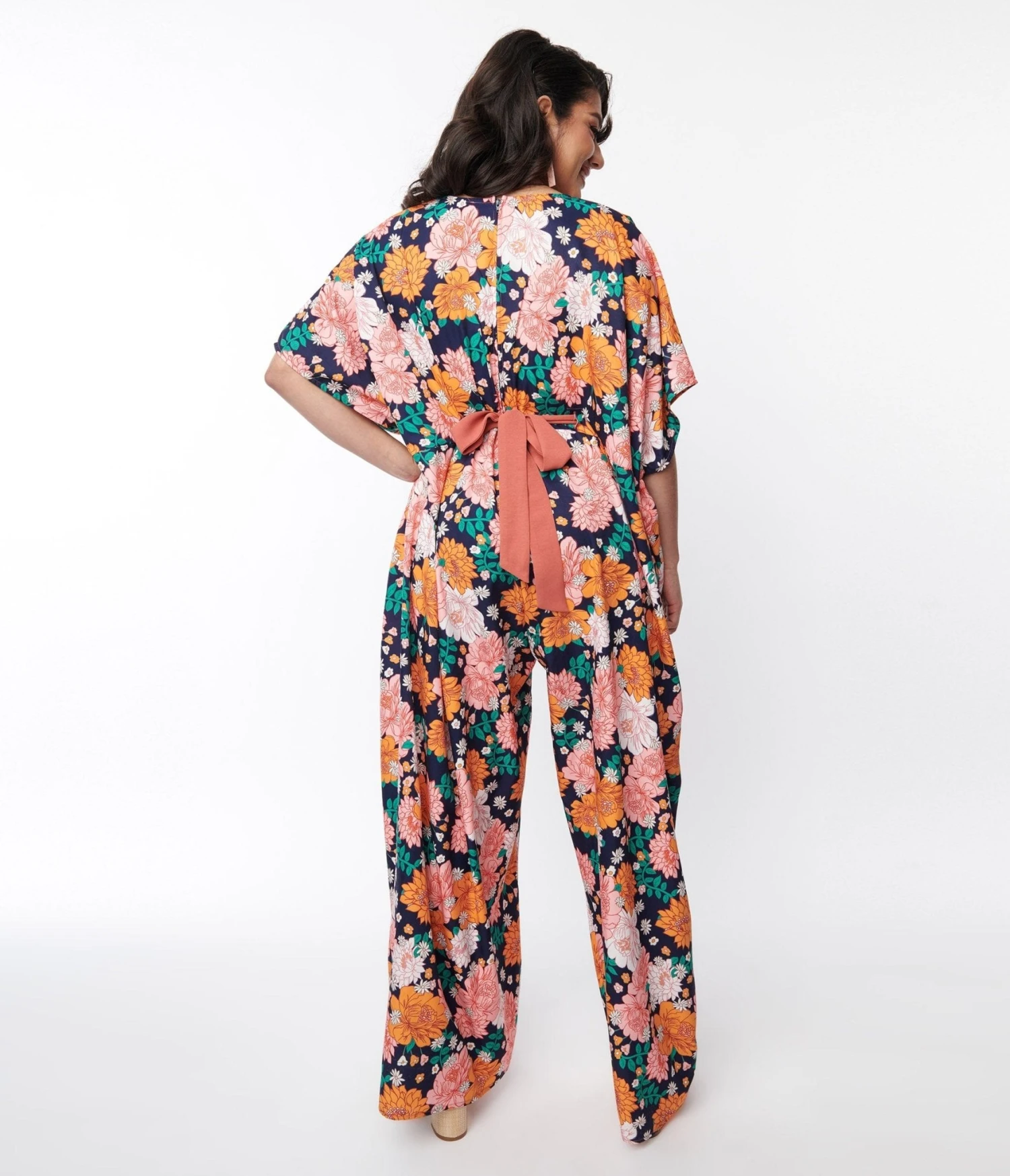 Unique Vintage Navy & Pink Floral Caftan Jumpsuit - Image 3