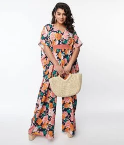 Unique Vintage Navy & Pink Floral Caftan Jumpsuit