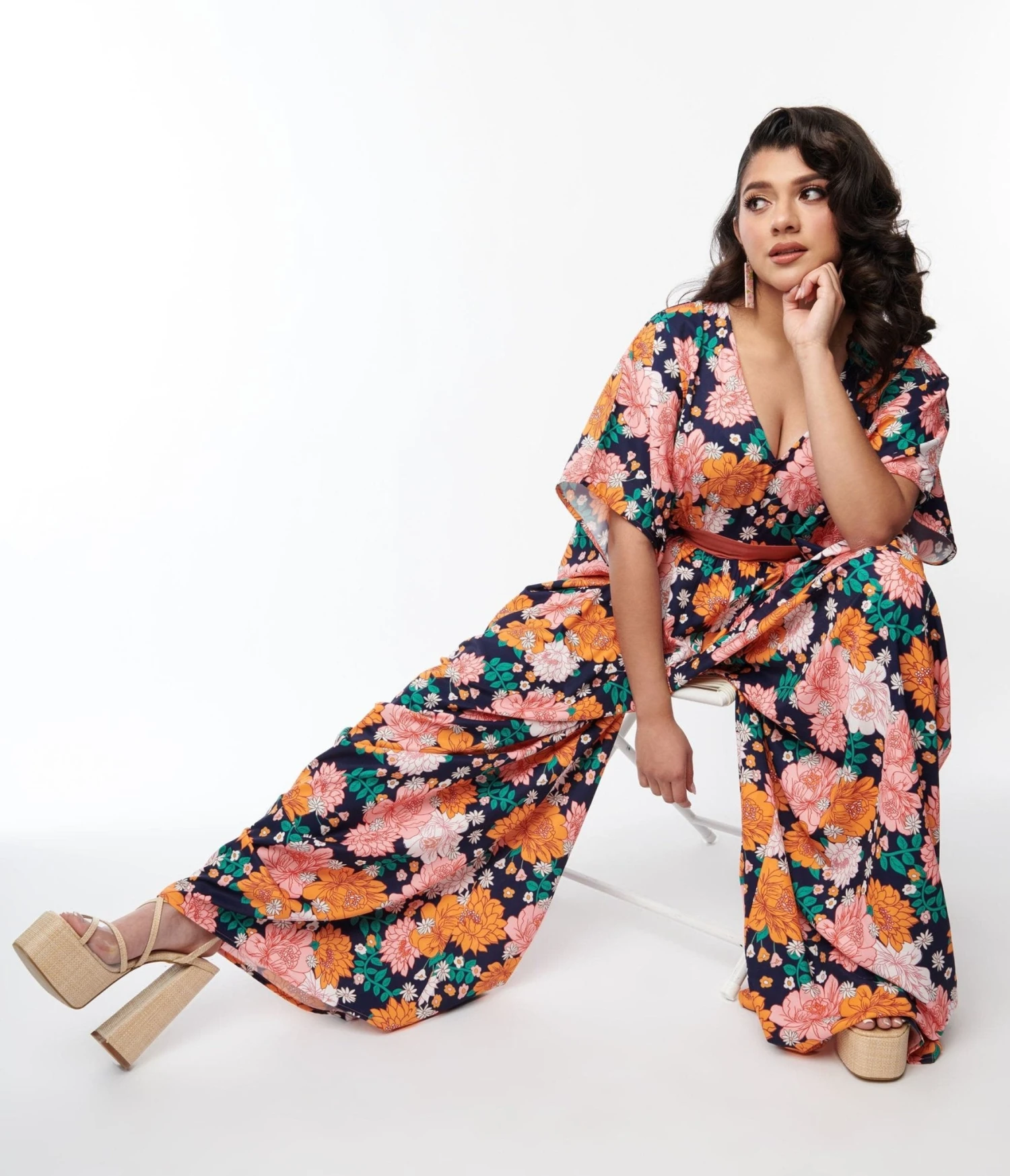 Unique Vintage Navy & Pink Floral Caftan Jumpsuit - Image 5
