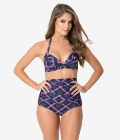 Unique Vintage Navy & Pink Plaid Monroe High Waist Swim Bottom