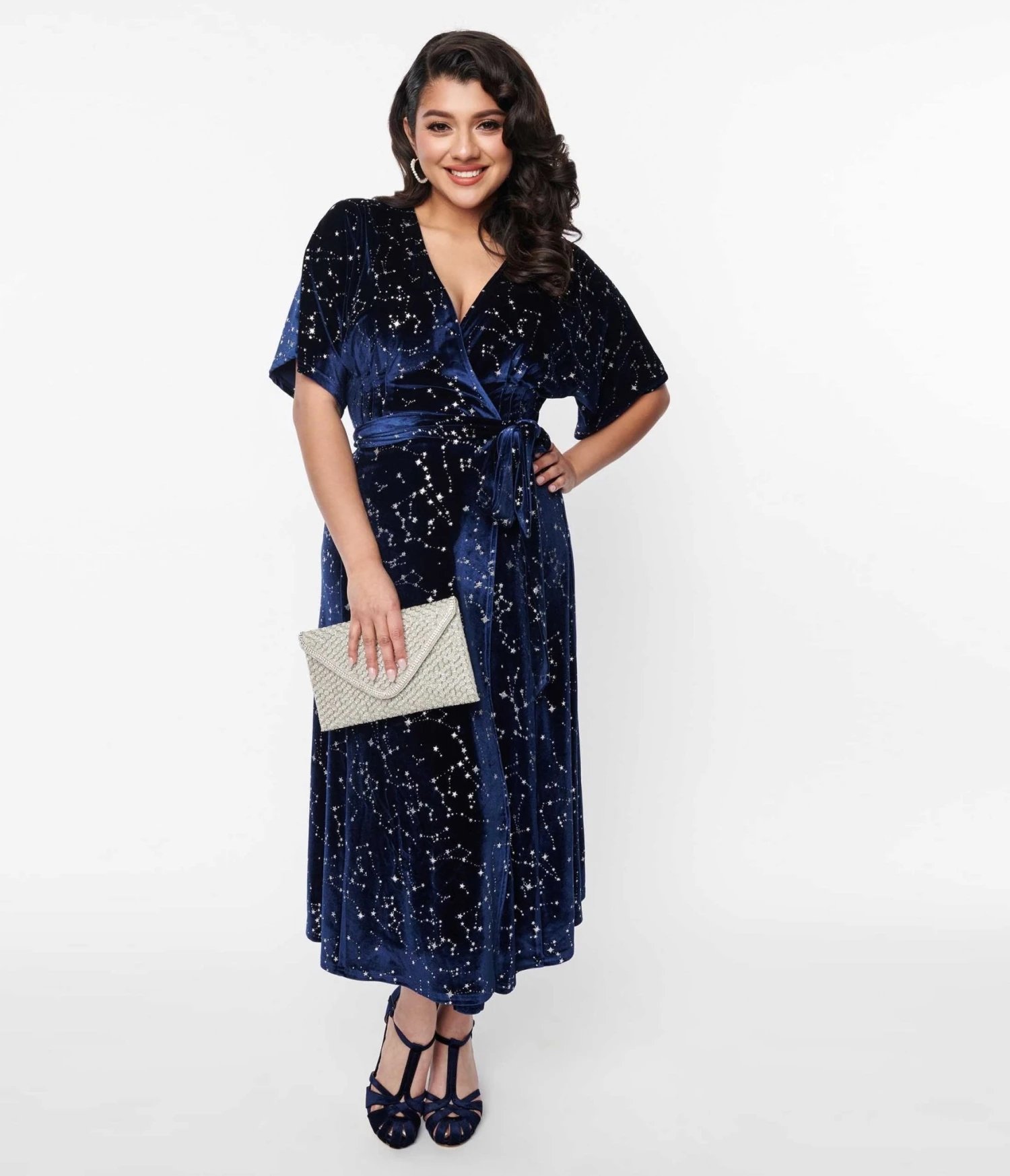 Unique Vintage Navy & Silver Stars Velvet Wrap Midi Dress - Image 4