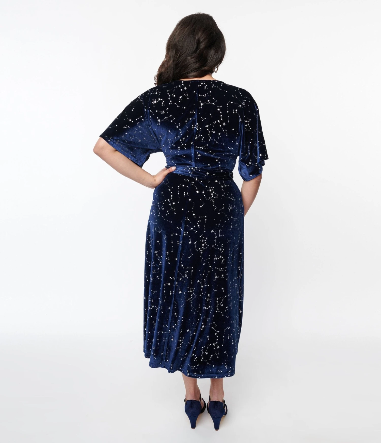 Unique Vintage Navy & Silver Stars Velvet Wrap Midi Dress - Image 3