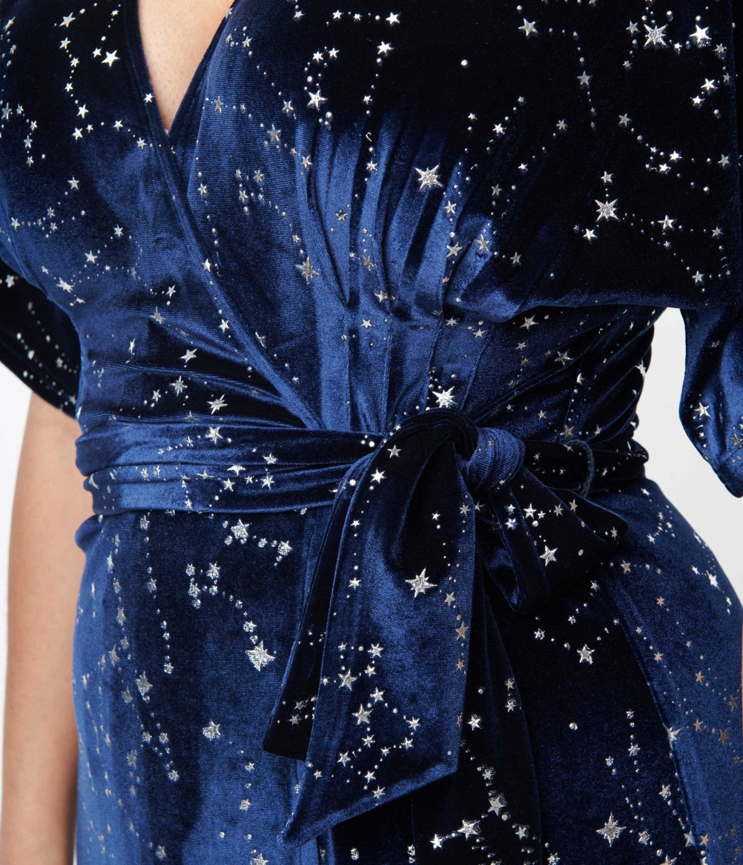 Unique Vintage Navy & Silver Stars Velvet Wrap Midi Dress - Image 2
