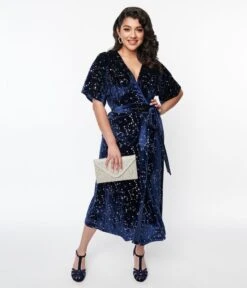 Unique Vintage Navy & Silver Stars Velvet Wrap Midi Dress