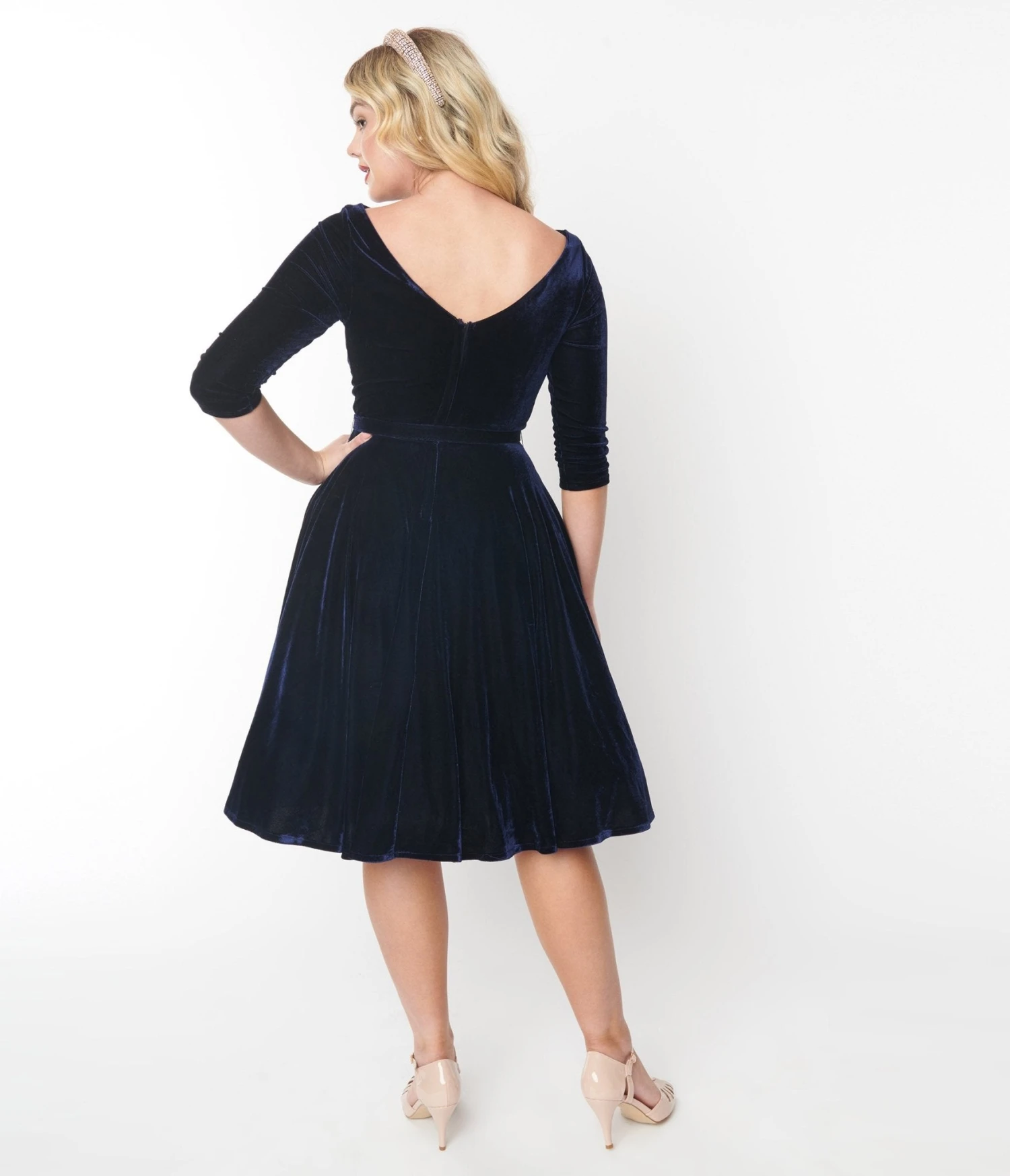 Unique Vintage Navy Velvet Devon Swing Dress - Image 2