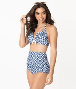 Unique Vintage Navy & White Gingham Monroe High Waist Swim Bottom