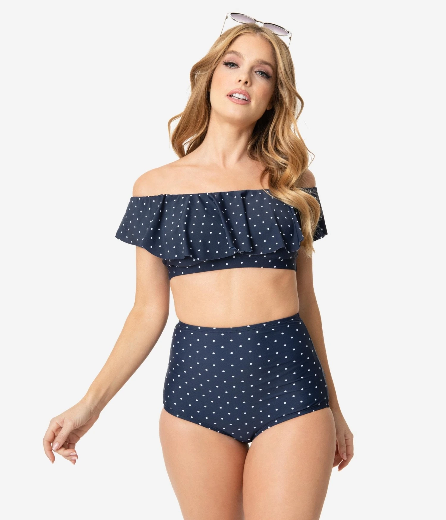 Unique Vintage Navy & White Pin Dot High Waist Louise Swim Bottoms