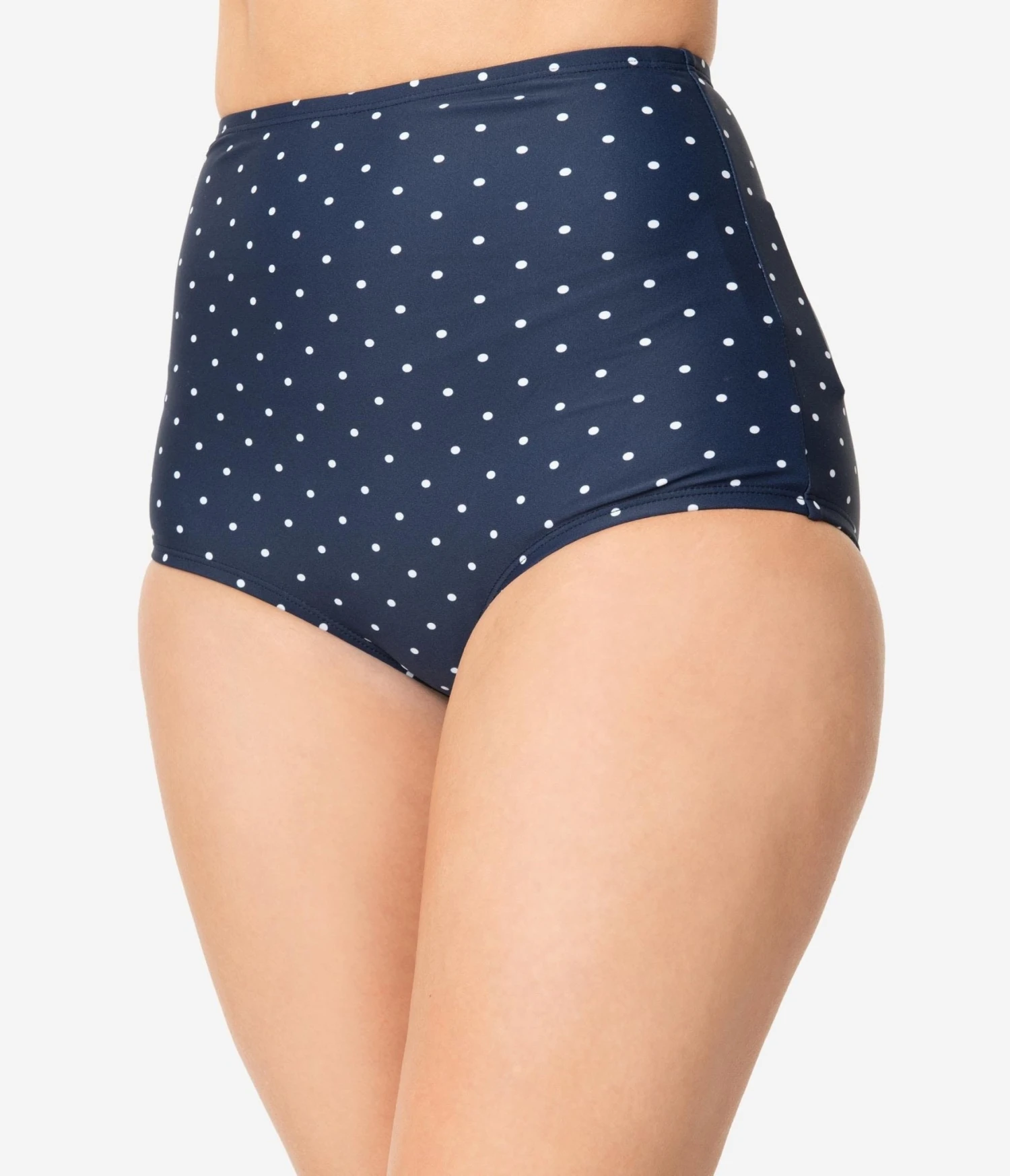 Unique Vintage Navy & White Pin Dot High Waist Louise Swim Bottoms - Image 2
