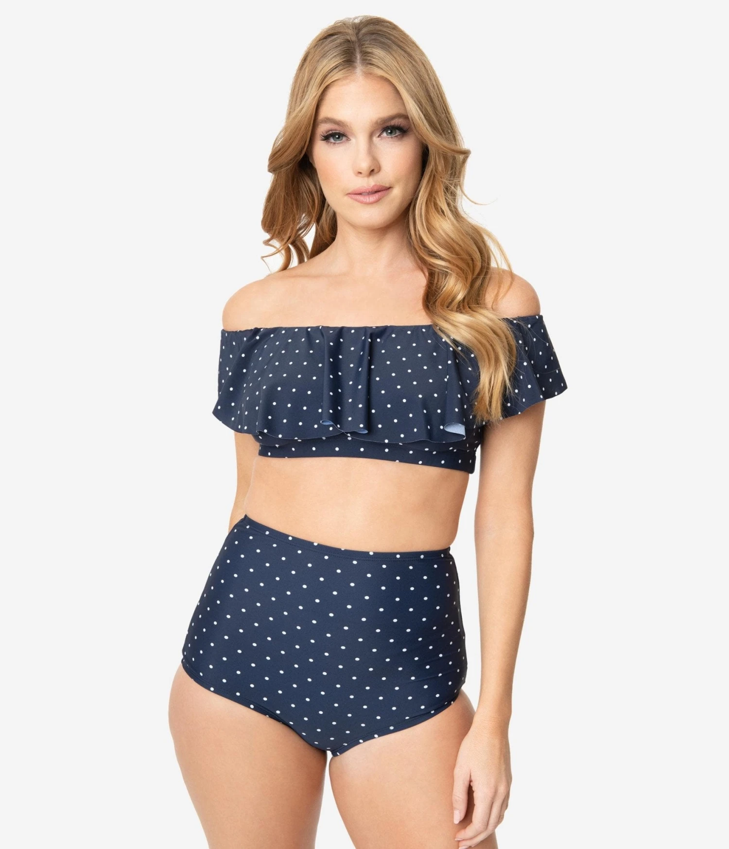 Unique Vintage Navy & White Pin Dot High Waist Louise Swim Bottoms - Image 5