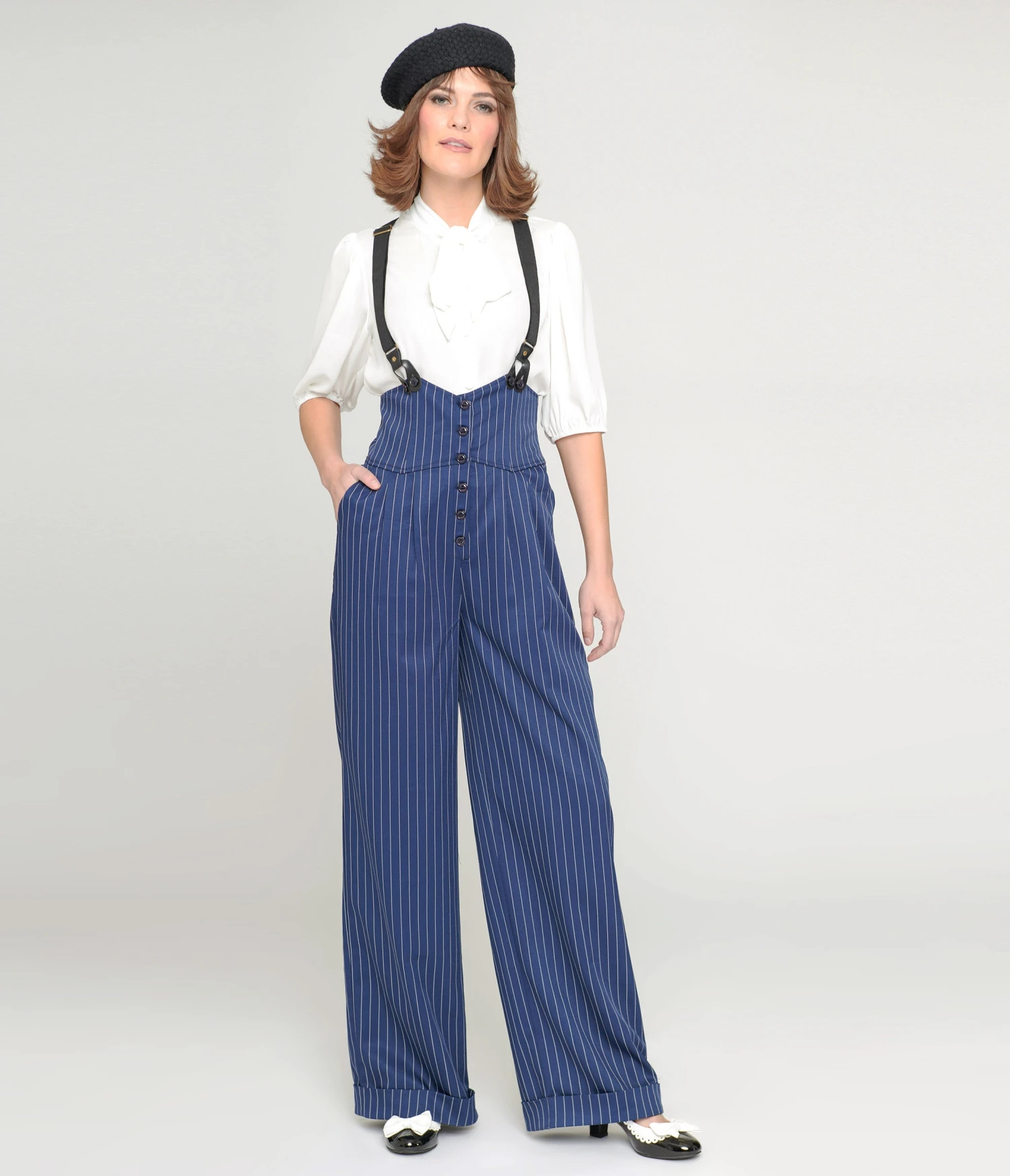 Unique Vintage Navy & White Pinstripe Thelma Suspender Pants - Image 3