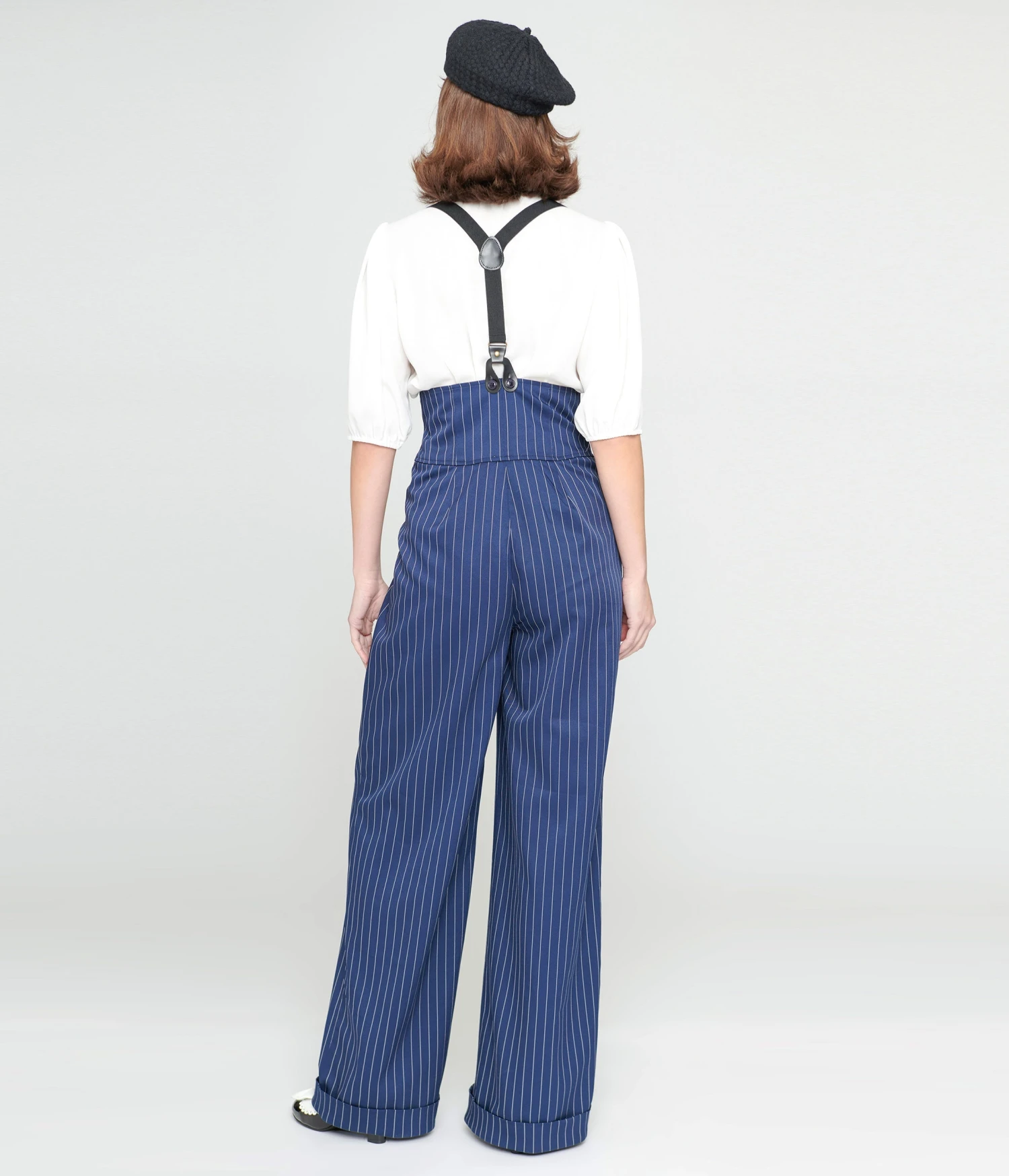 Unique Vintage Navy & White Pinstripe Thelma Suspender Pants - Image 2