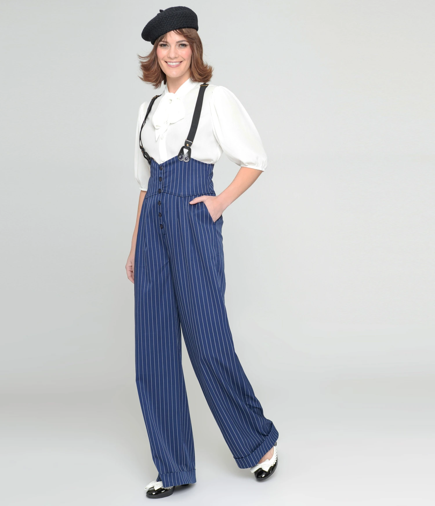 Unique Vintage Navy & White Pinstripe Thelma Suspender Pants