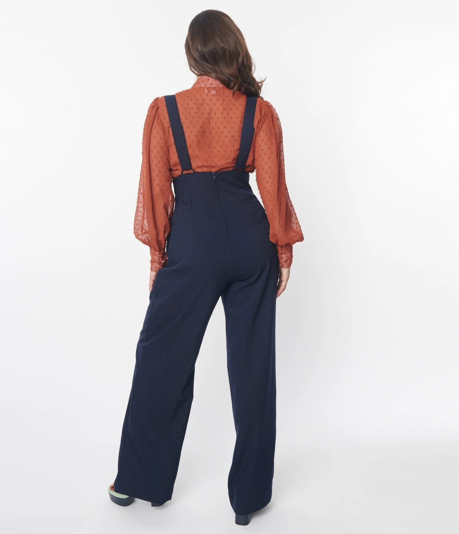 Unique Vintage Navy Wide Leg Suspender Pants - Image 2
