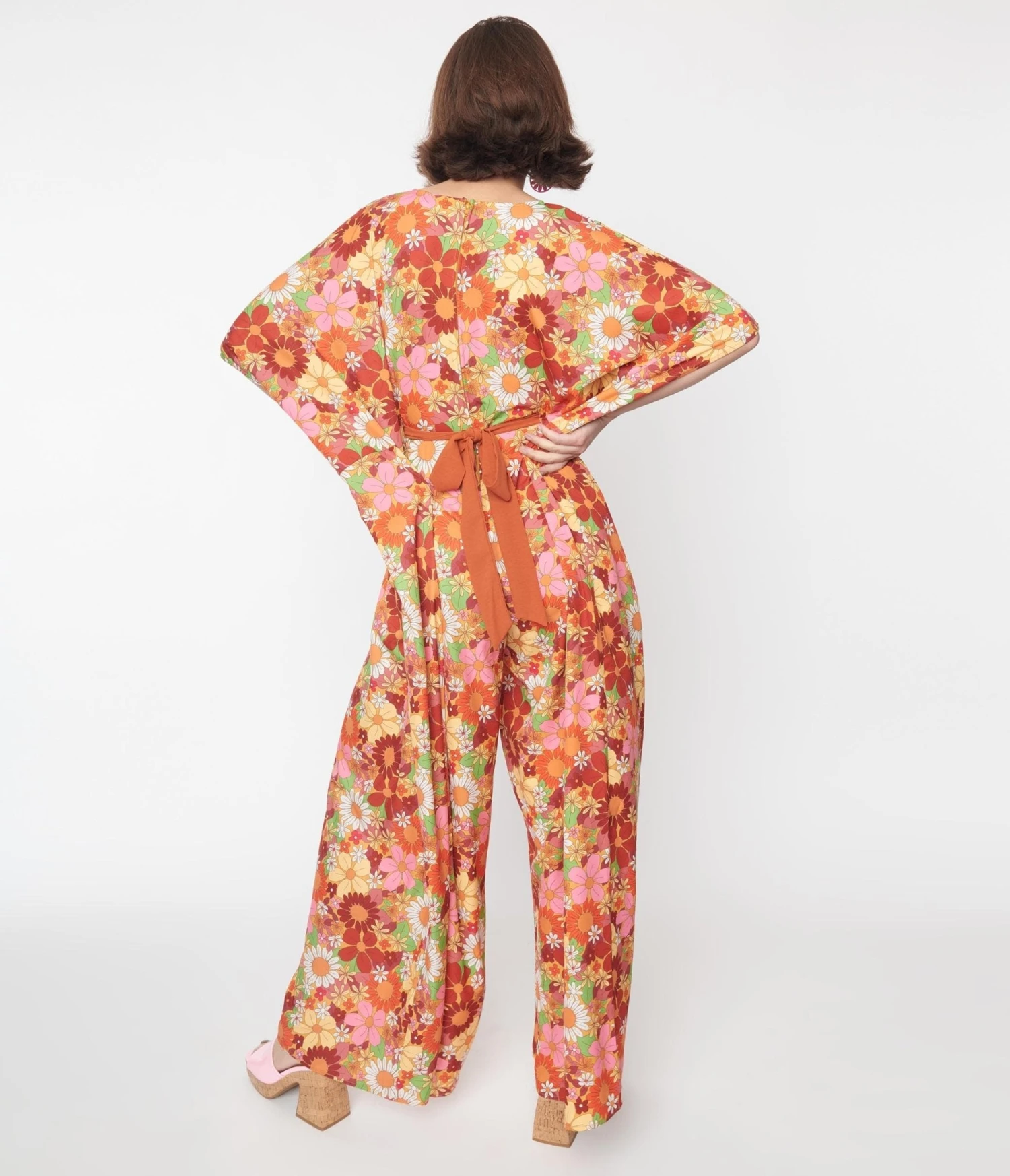Unique Vintage Orange Flower Bunch Caftan Jumpsuit - Image 3