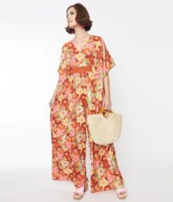 Unique Vintage Orange Flower Bunch Caftan Jumpsuit