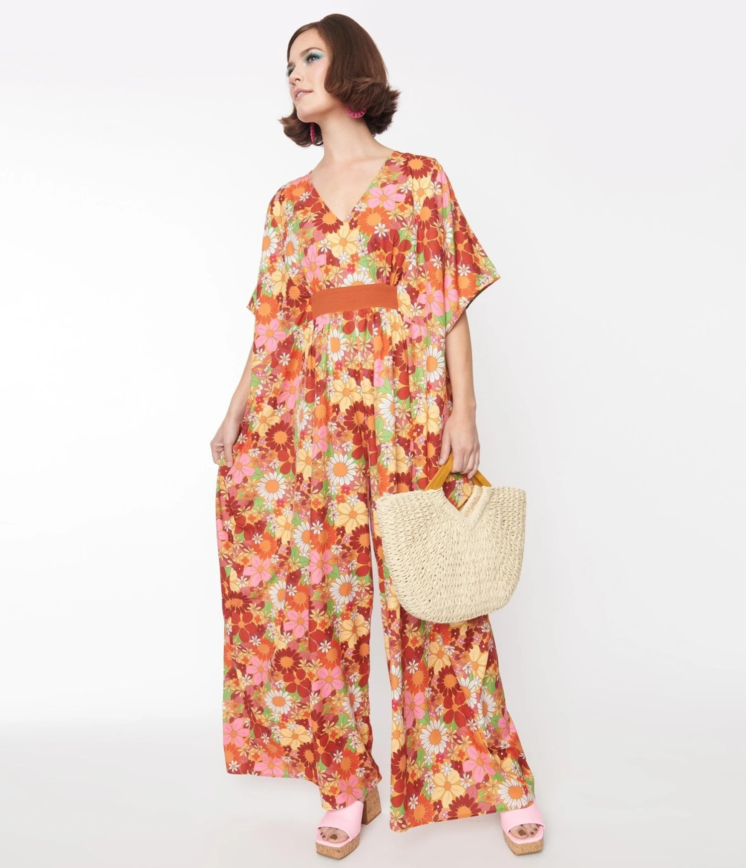 Unique Vintage Orange Flower Bunch Caftan Jumpsuit