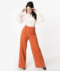 Unique Vintage Orange Windowpane High Waist Ginger Pants