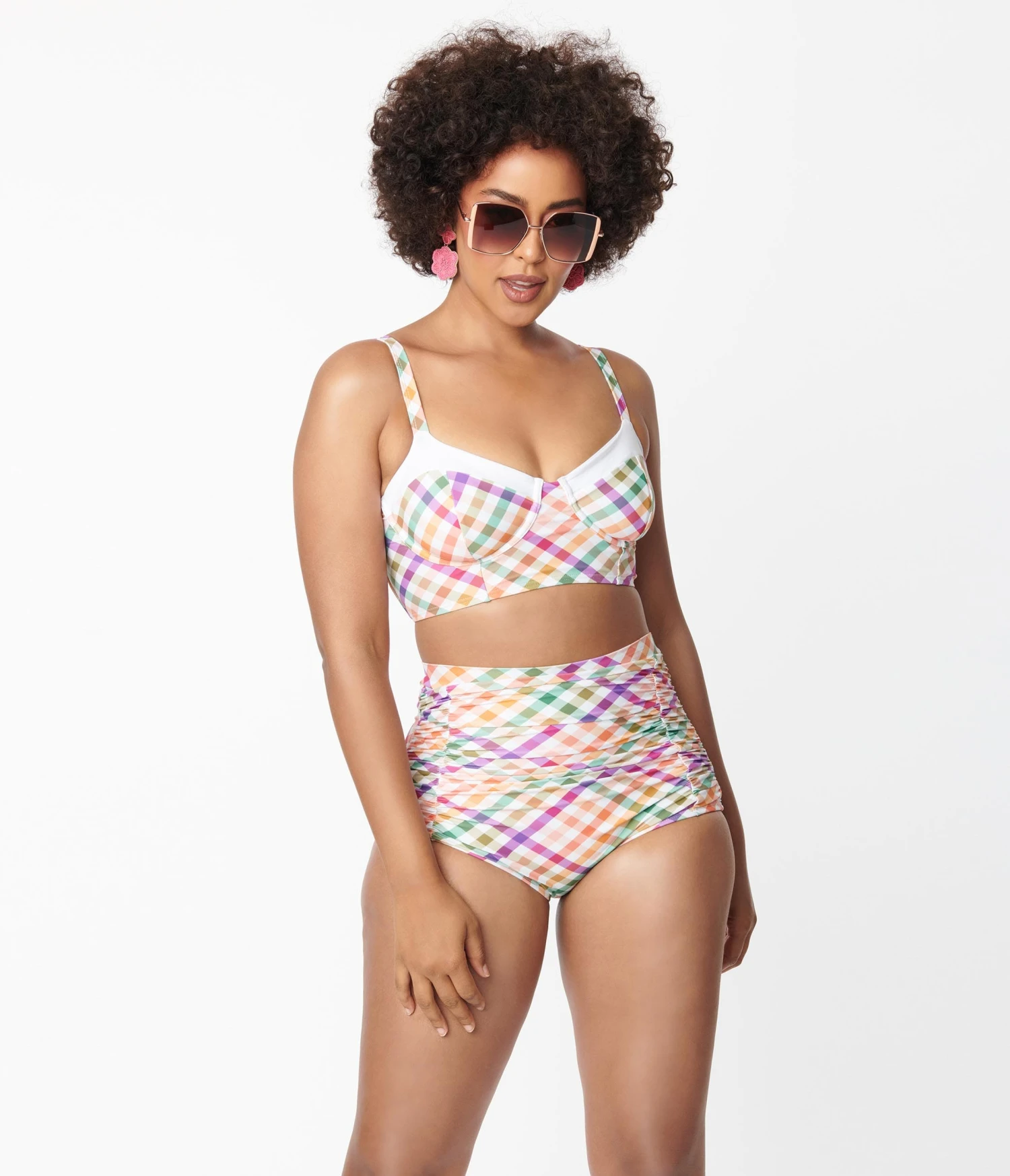 Unique Vintage Pastel Madras Gingham Marlene Crop Swim Top48 - Image 4