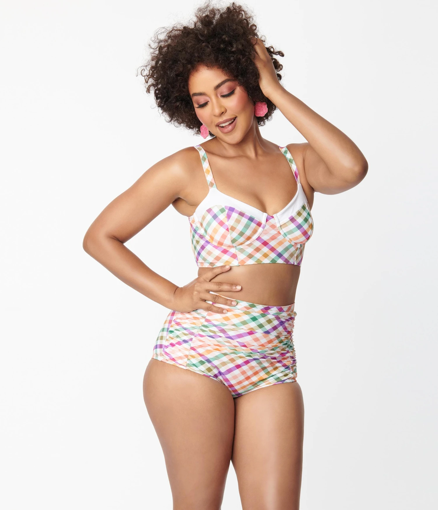 Unique Vintage Pastel Madras Gingham Marlene Crop Swim Top48 - Image 3