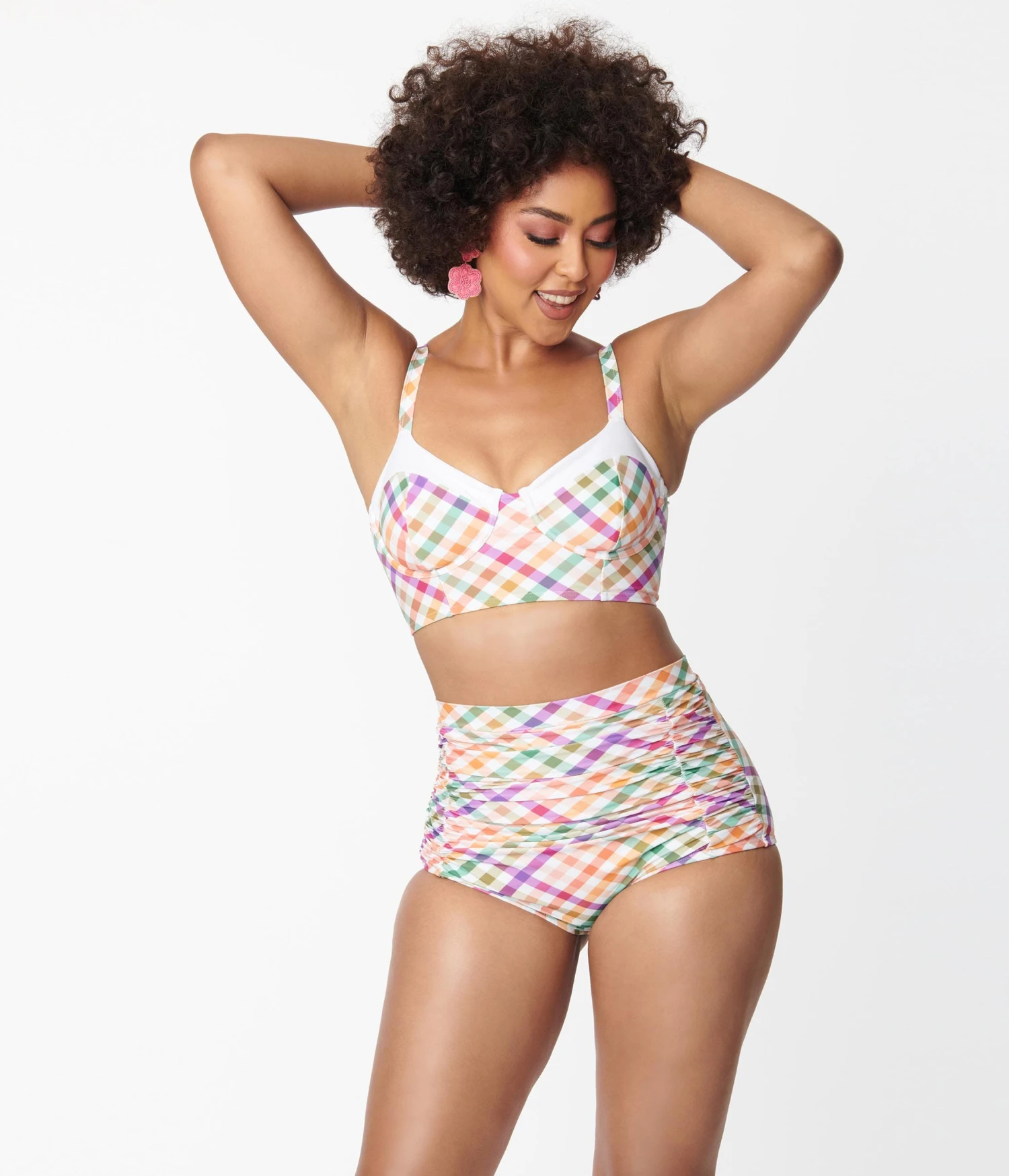 Unique Vintage Pastel Madras Gingham Marlene Crop Swim Top48 - Image 5