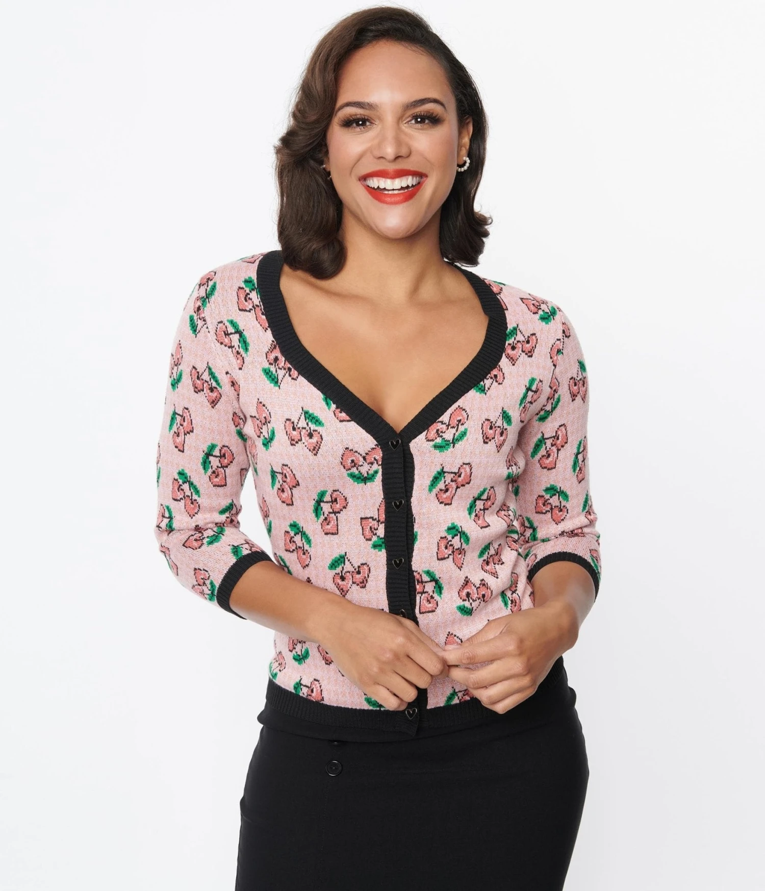 Unique Vintage Pink & Cherry Hearts Cardigan - Image 4