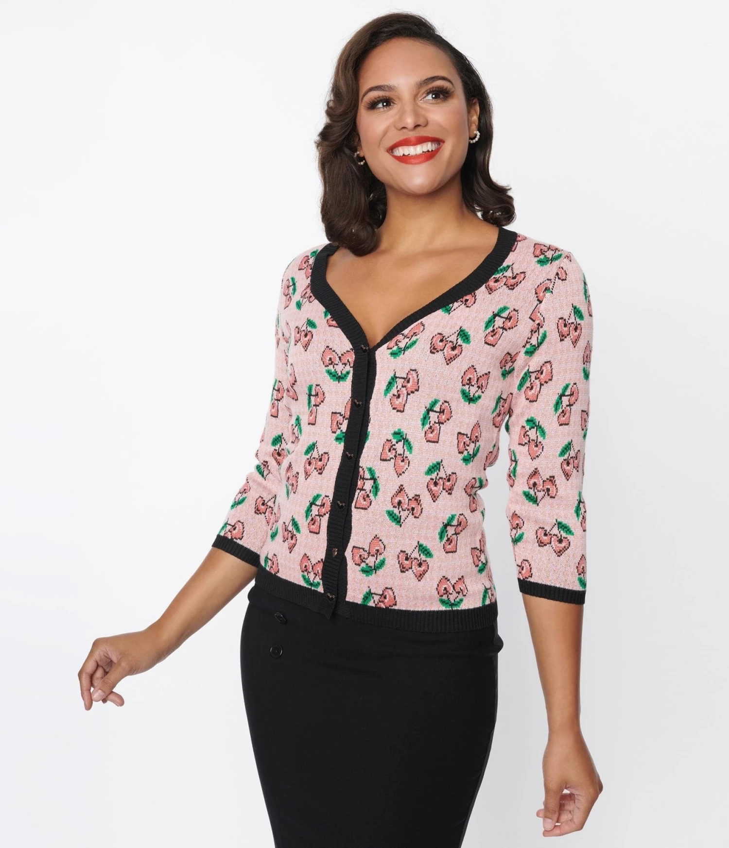 Unique Vintage Pink & Cherry Hearts Cardigan - Image 5