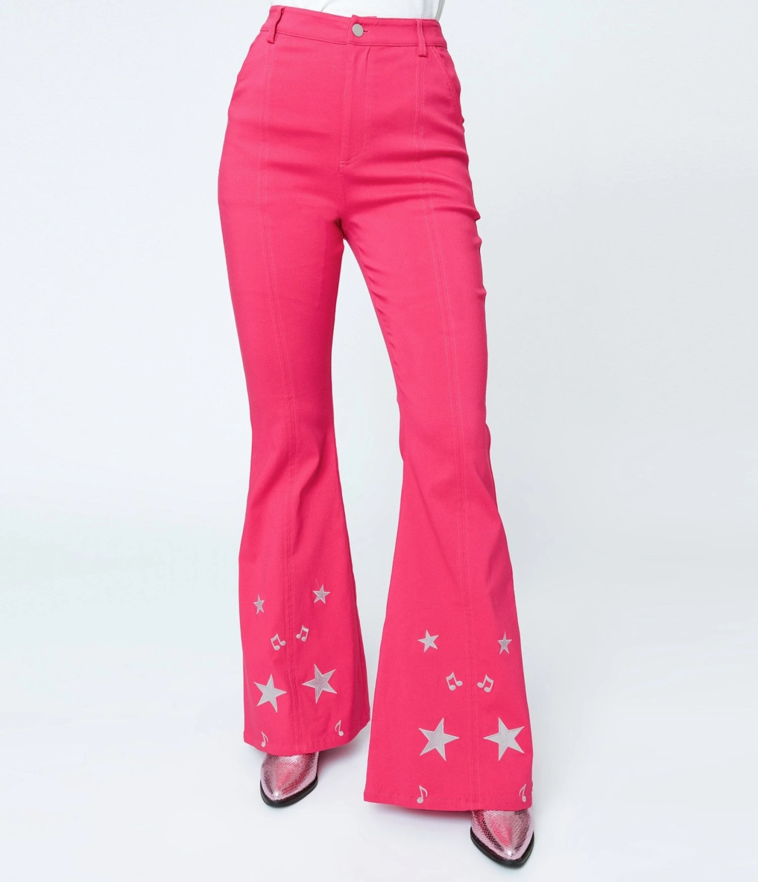 Unique Vintage Pink & Glitter Stars Flare Pants - Image 2