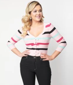 Unique Vintage Pink & Multi Stripe Cardigan