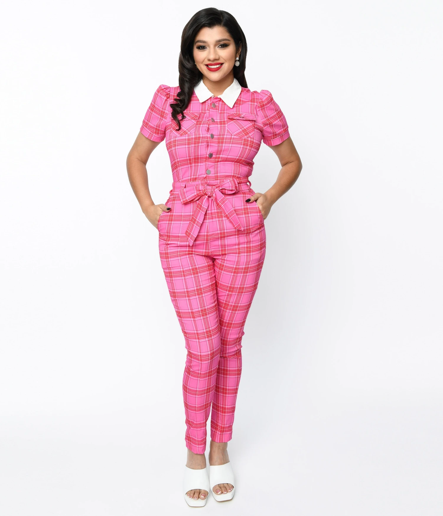 Unique Vintage Pink & Red Plaid Skinny Leg Bexley Jumpsuit