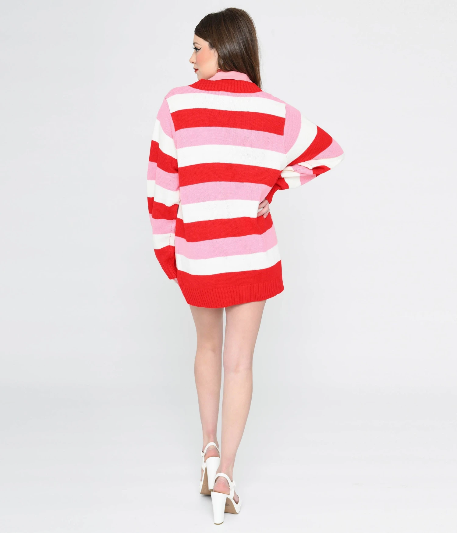 Unique Vintage Pink & Red Striped Crochet Hearts Cardigan - Image 3