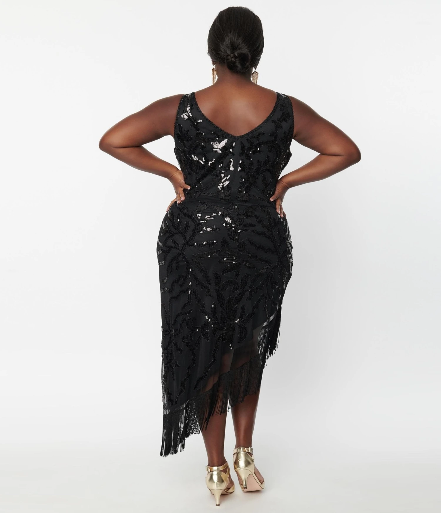 Unique Vintage Plus Size 1920s Black Beaded Asymmetrical Fringe Flapper Dress - Image 3