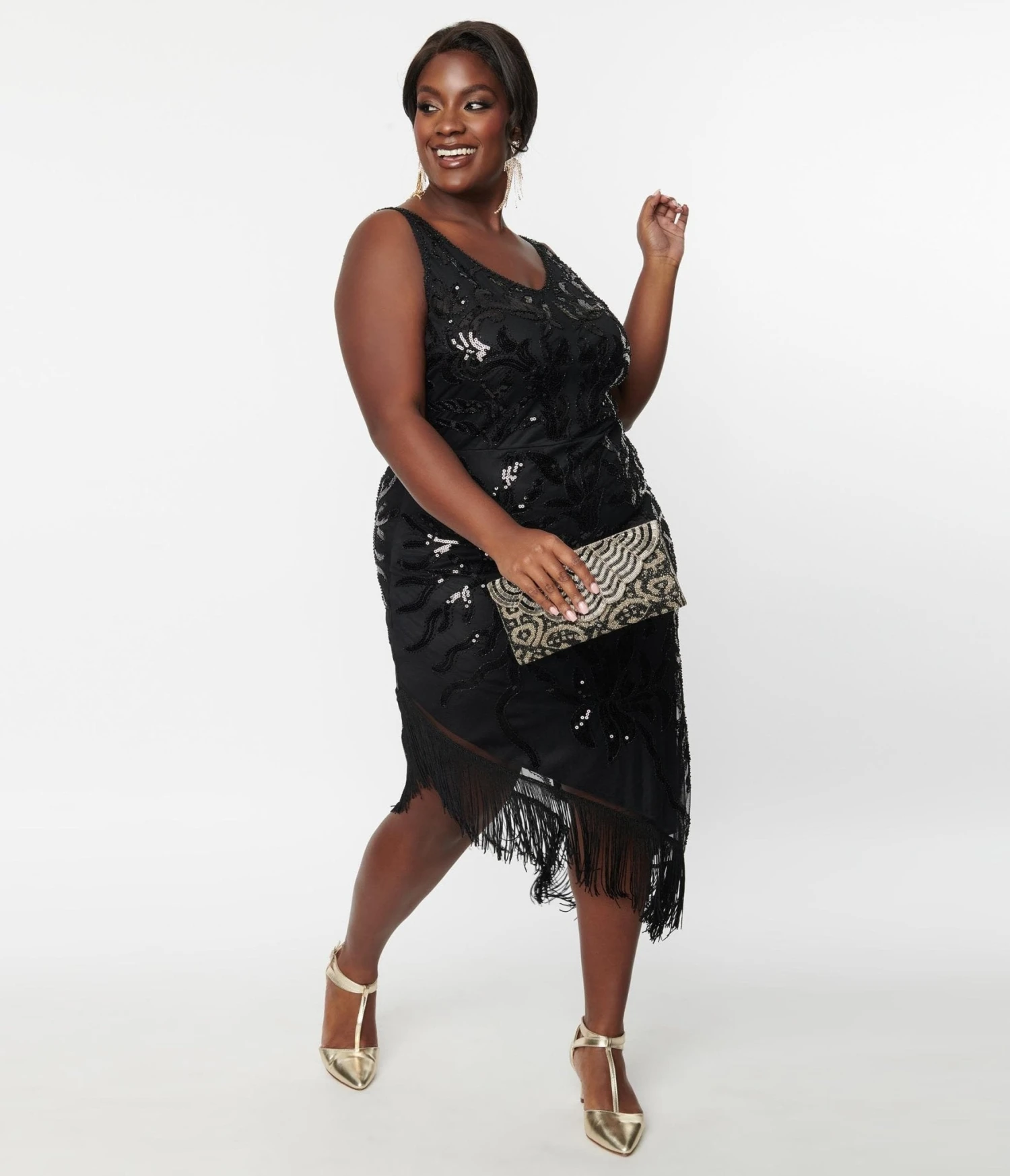 Unique Vintage Plus Size 1920s Black Beaded Asymmetrical Fringe Flapper Dress - Image 5