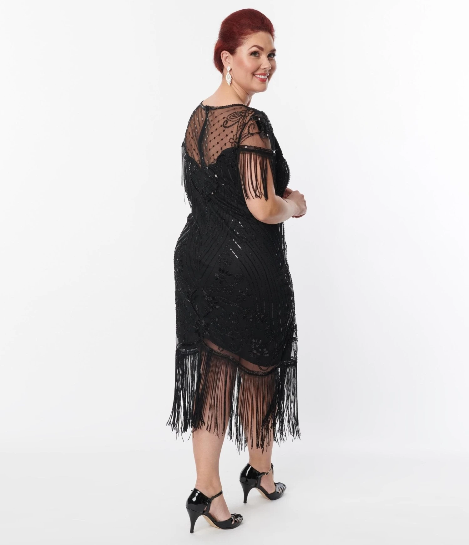 Unique Vintage Plus Size 1920s Black Beaded Fringe Sleeve Nadine Flapper Dress - Image 3