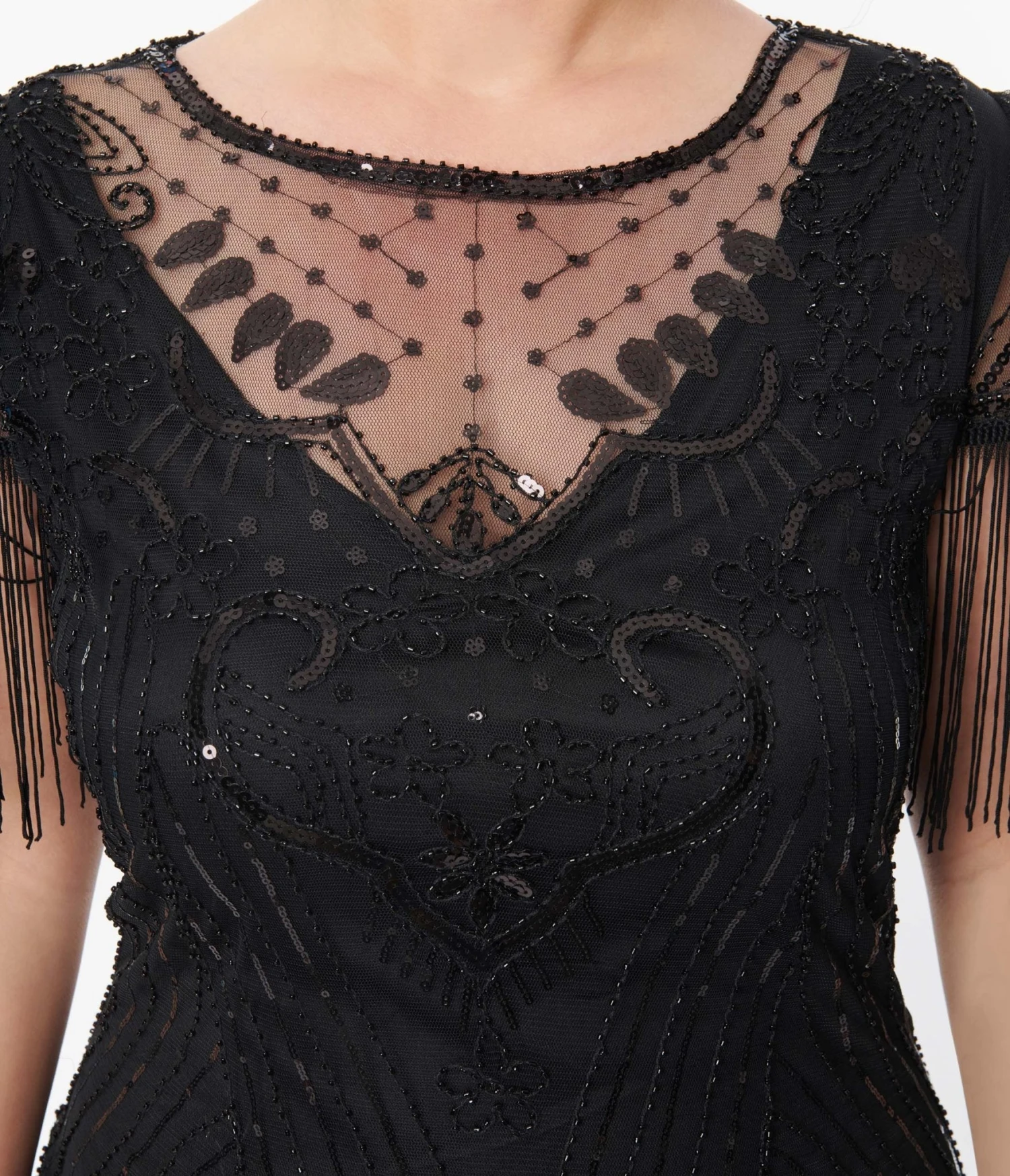 Unique Vintage Plus Size 1920s Black Beaded Fringe Sleeve Nadine Flapper Dress - Image 2