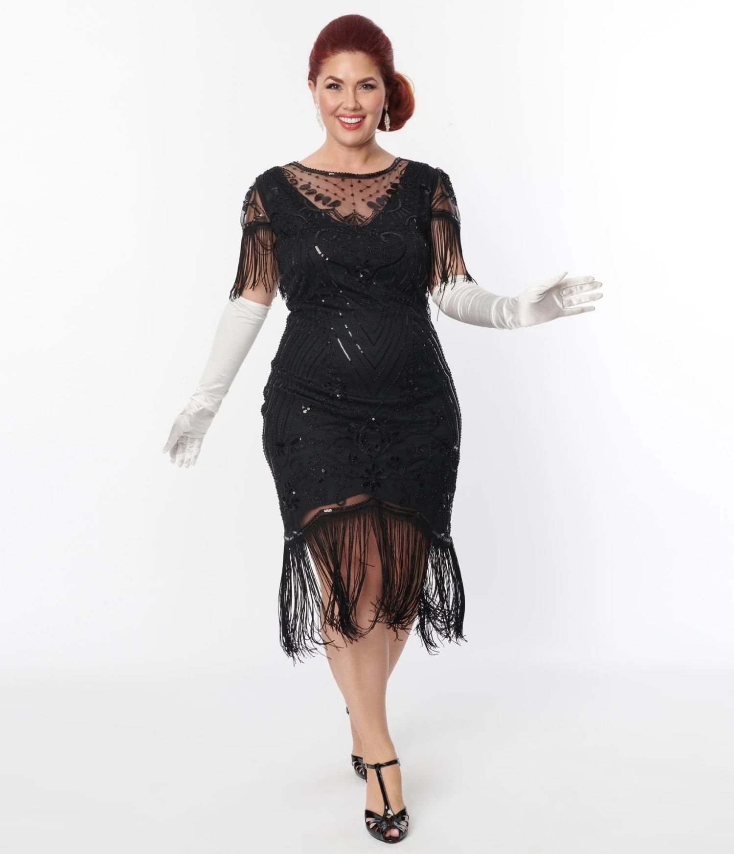 Unique Vintage Plus Size 1920s Black Beaded Fringe Sleeve Nadine Flapper Dress - Image 4