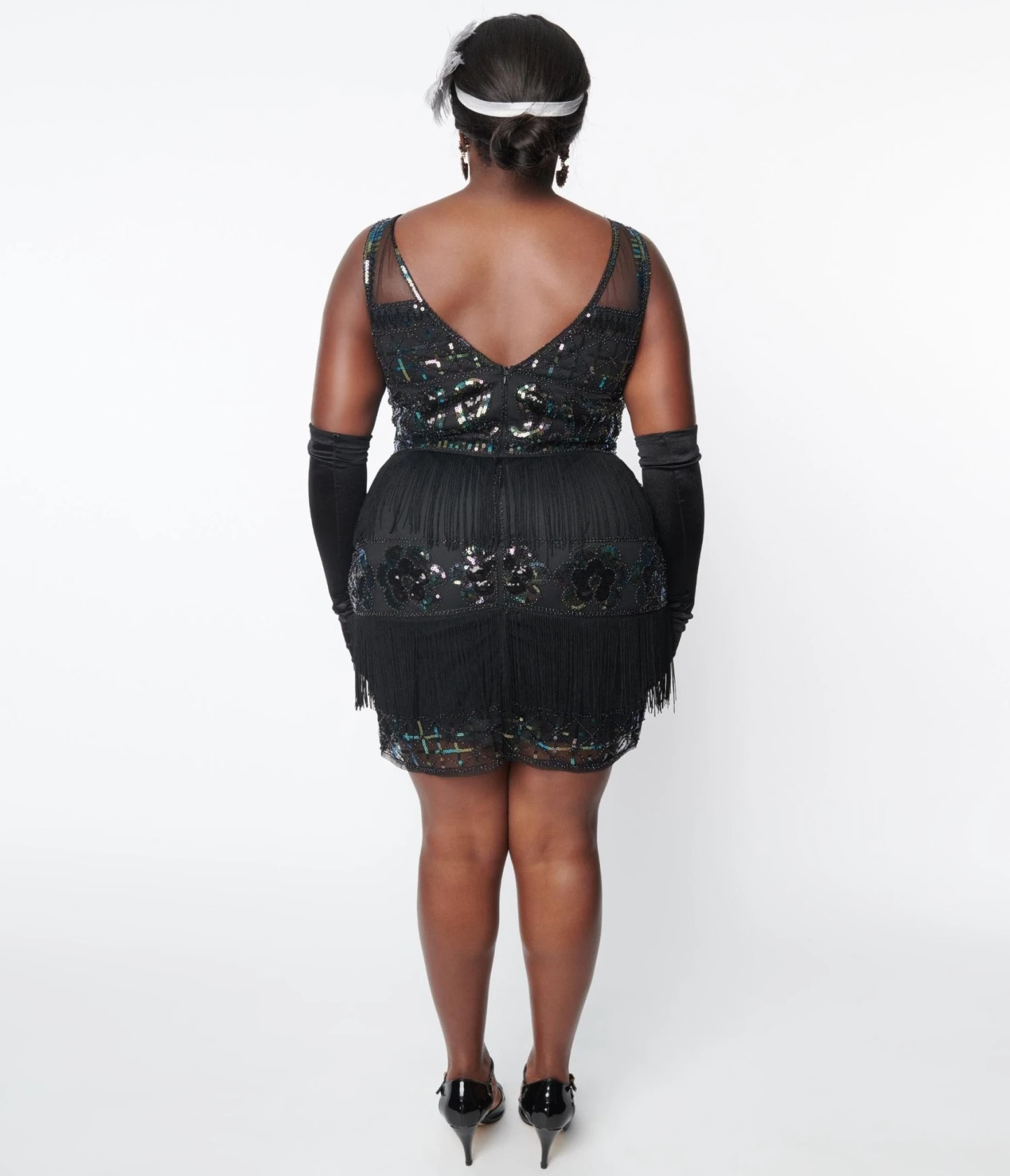 Unique Vintage Plus Size 1920s Black & Iridescent Sequin Sleeveless Flapper Dress - Image 3