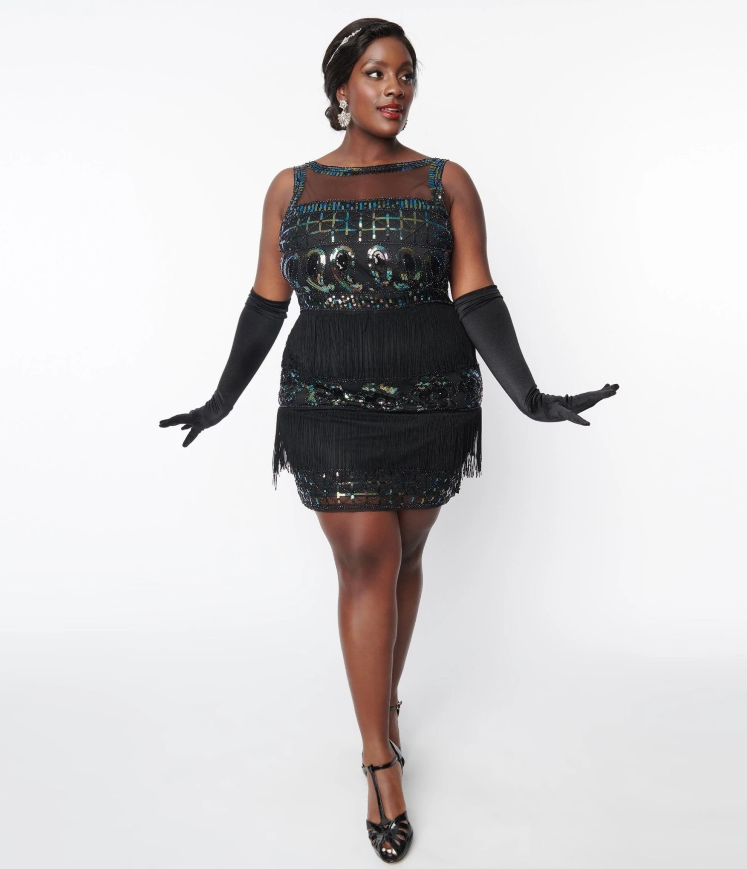Unique Vintage Plus Size 1920s Black & Iridescent Sequin Sleeveless Flapper Dress - Image 4