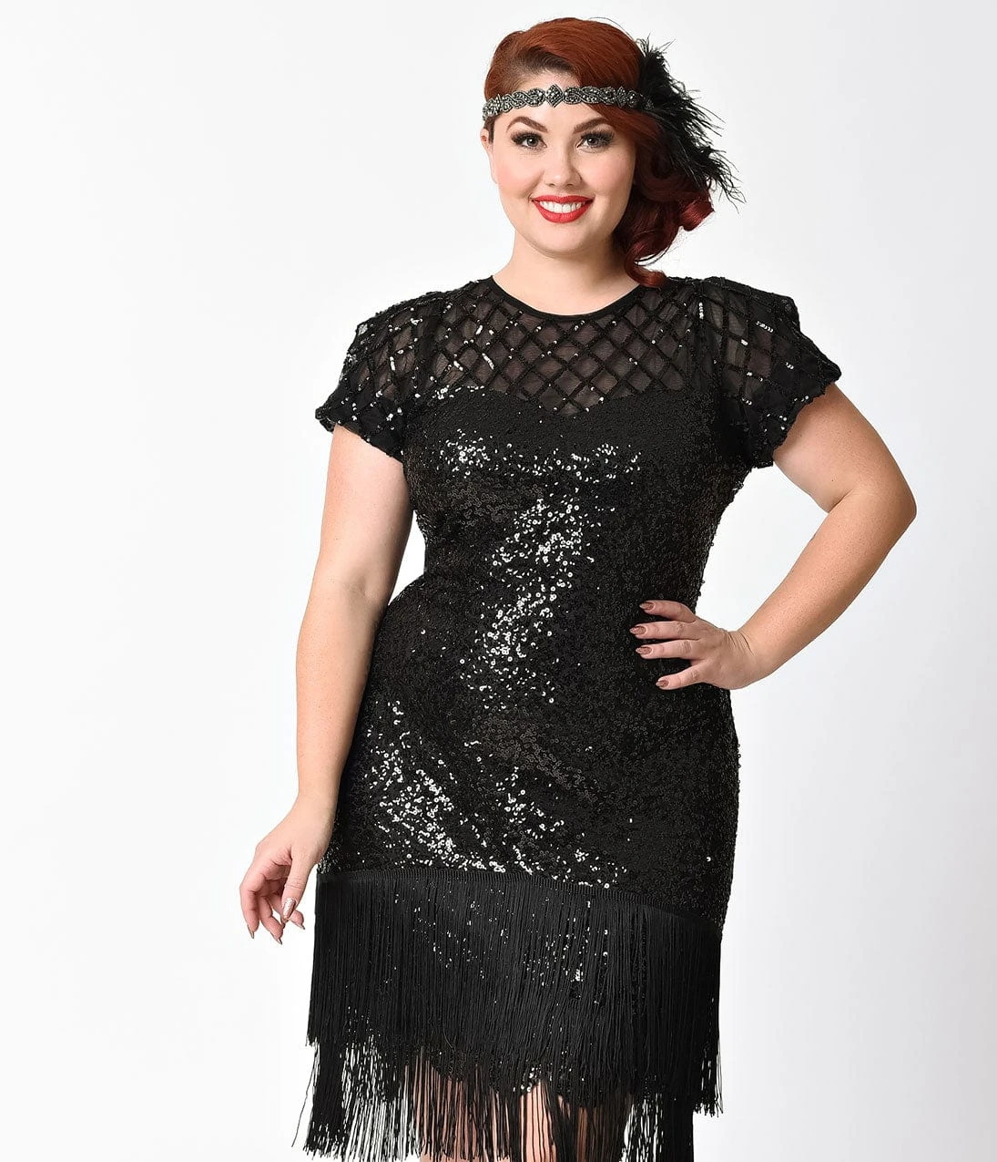 Unique Vintage Plus Size 1920s Black Sequin Fringe Del Mar Flapper Dress - Image 5