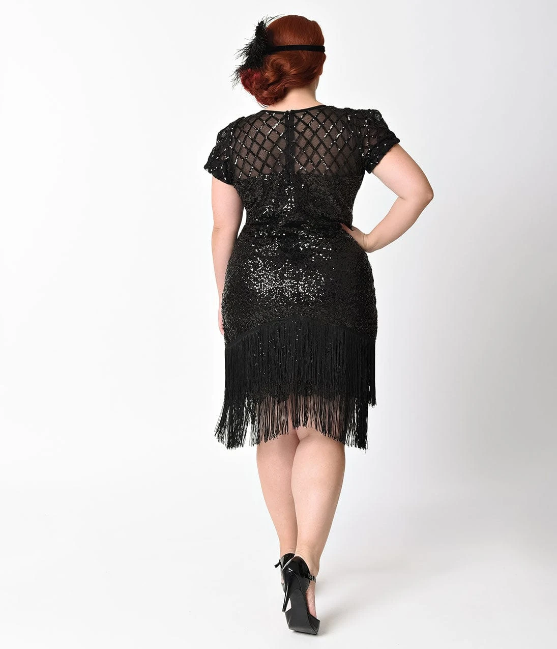 Unique Vintage Plus Size 1920s Black Sequin Fringe Del Mar Flapper Dress - Image 2